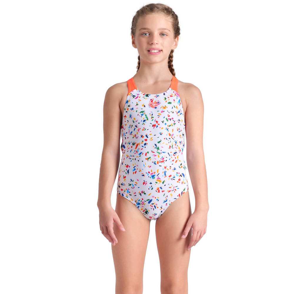 Arena Girls Confetti Swimsuit Swim Pro Back (white-bright coral)